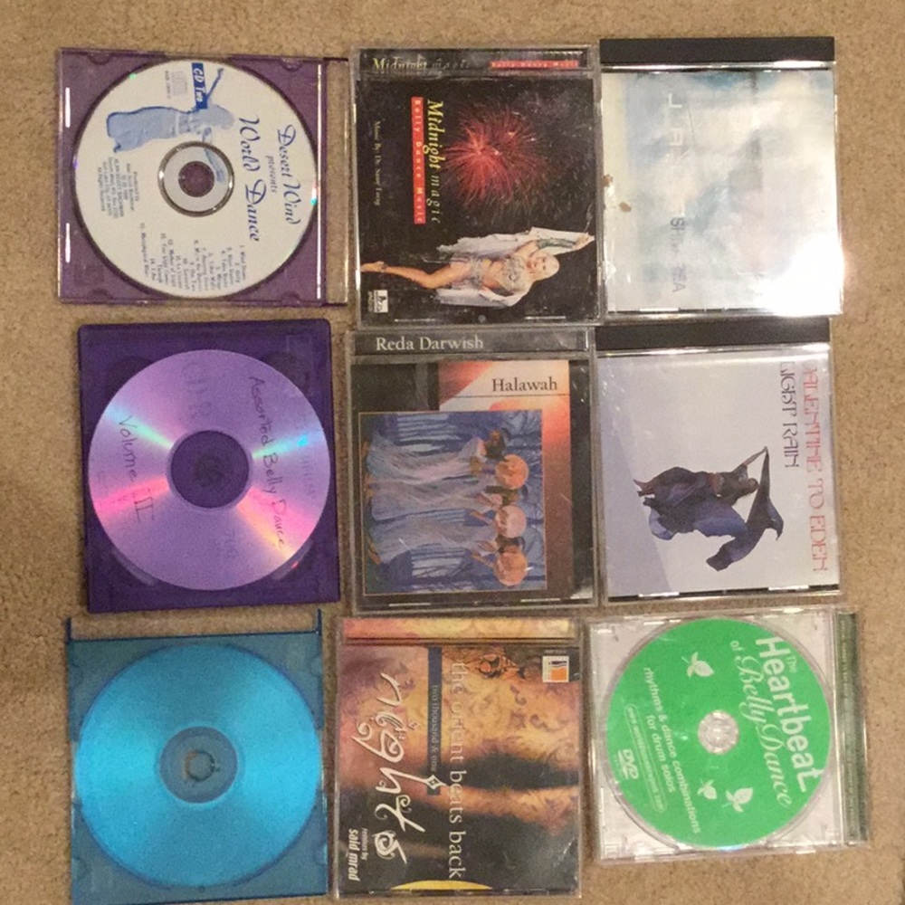 Belly dance videos, zils, shoes, scarves music.
